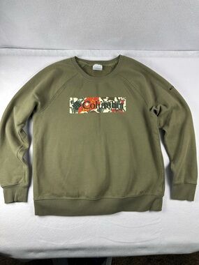 Columbia Floral Box Logo Sweatshirt Olive Green Crewneck Raglan Pullover Sz L